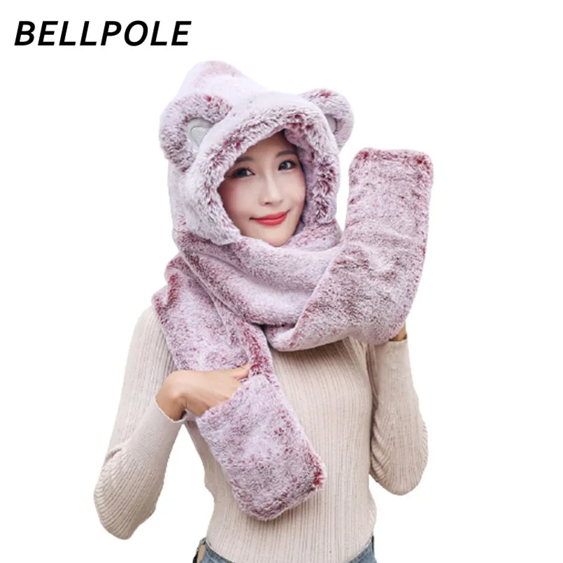 

BELLPOLE Cute Bear Ear Hat Scarf Gloves Set for Women Beanies Caps Winter Warm Soft Thickening Pocket Hats Hooded Gift Balaclava