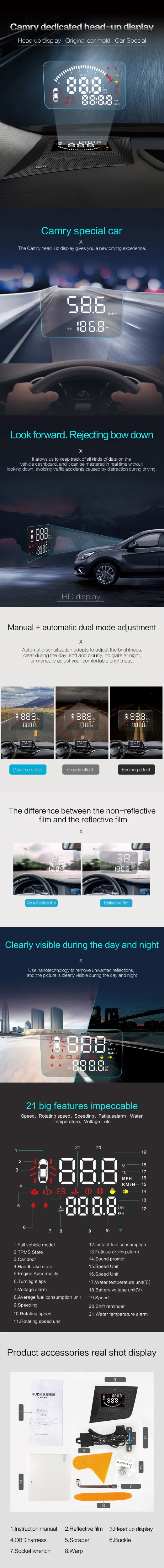 OBD2 автомобильный HUD с полнофункциональным дисплеем для Toyota Camry левосторонний привод Plug and Play