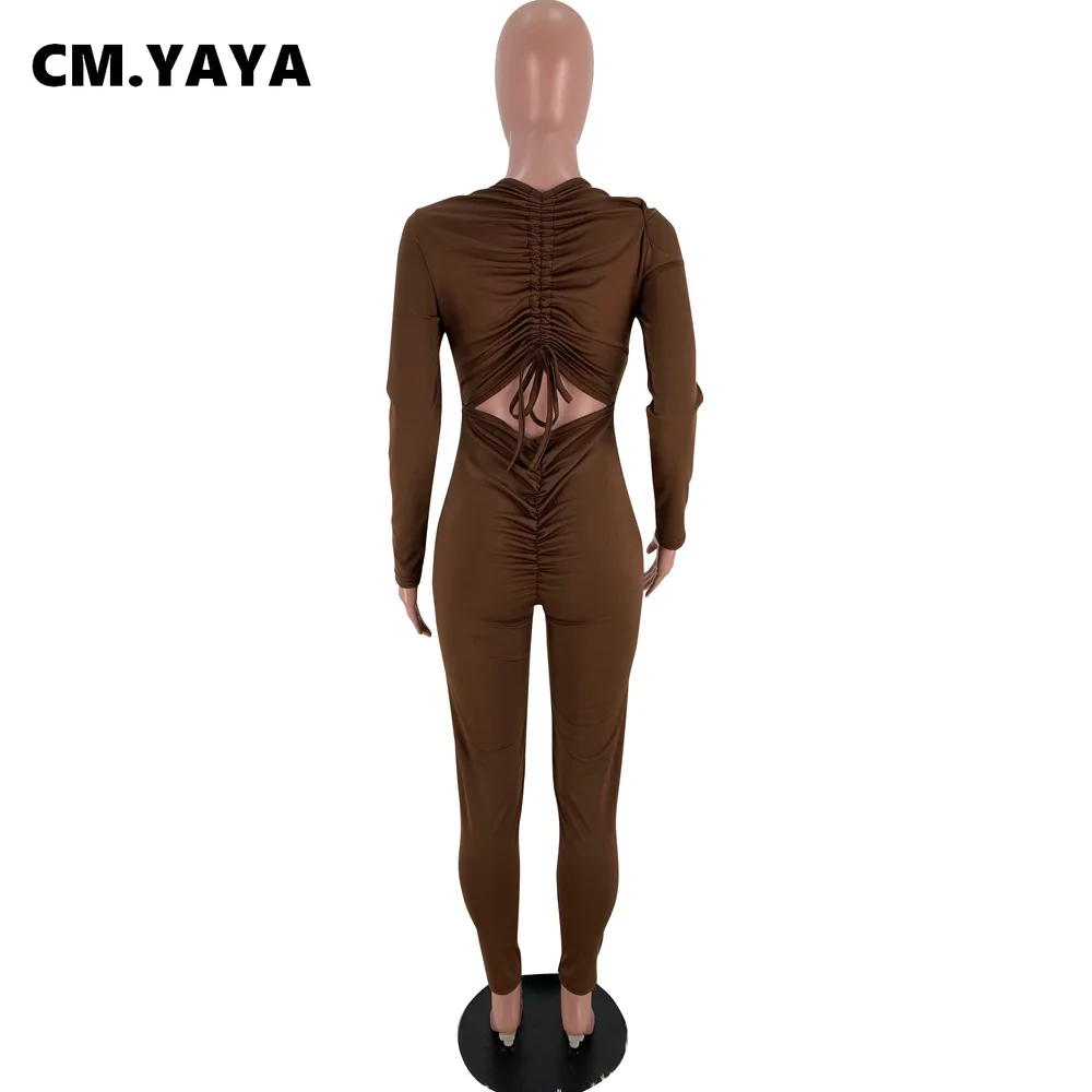 

CM.YAYA Women Jumpsuits Solid Full Sleeve V-neck Back Hollow Out Length Sheath Elastic Jumpsuit Spring Fall Outfit