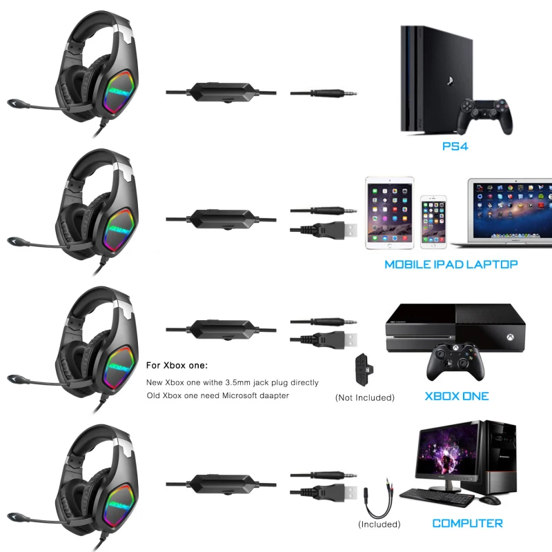 

Head-mounted Gaming Headset With Microphone Wired Stereo Bass J20 Headphones Colorful Glow LED Light Computer PC Earphones
