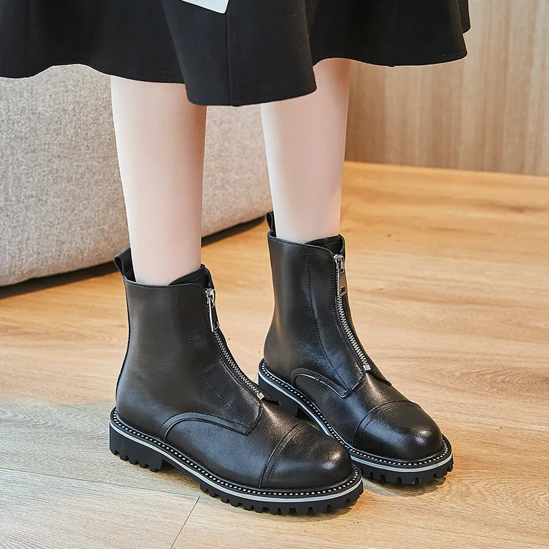

Genuine Leather Boots Woman Heel Platforms Zipper Designer Shoes Woman Booties Chunky Ankle Boots Female Black Shoes Women Heels