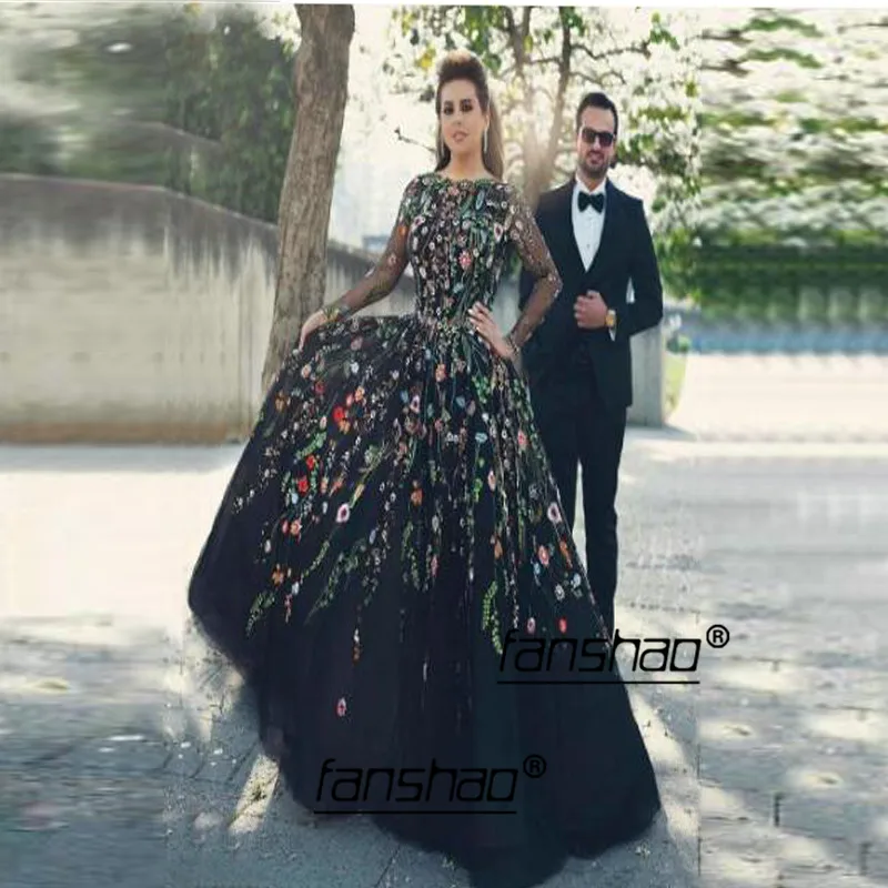 

Black Muslim Evening Dress Embroidery Lace Full Sleeve Ball Gown Special Occasion Islamic Dubai Saudi Arabic Long Prom Dress