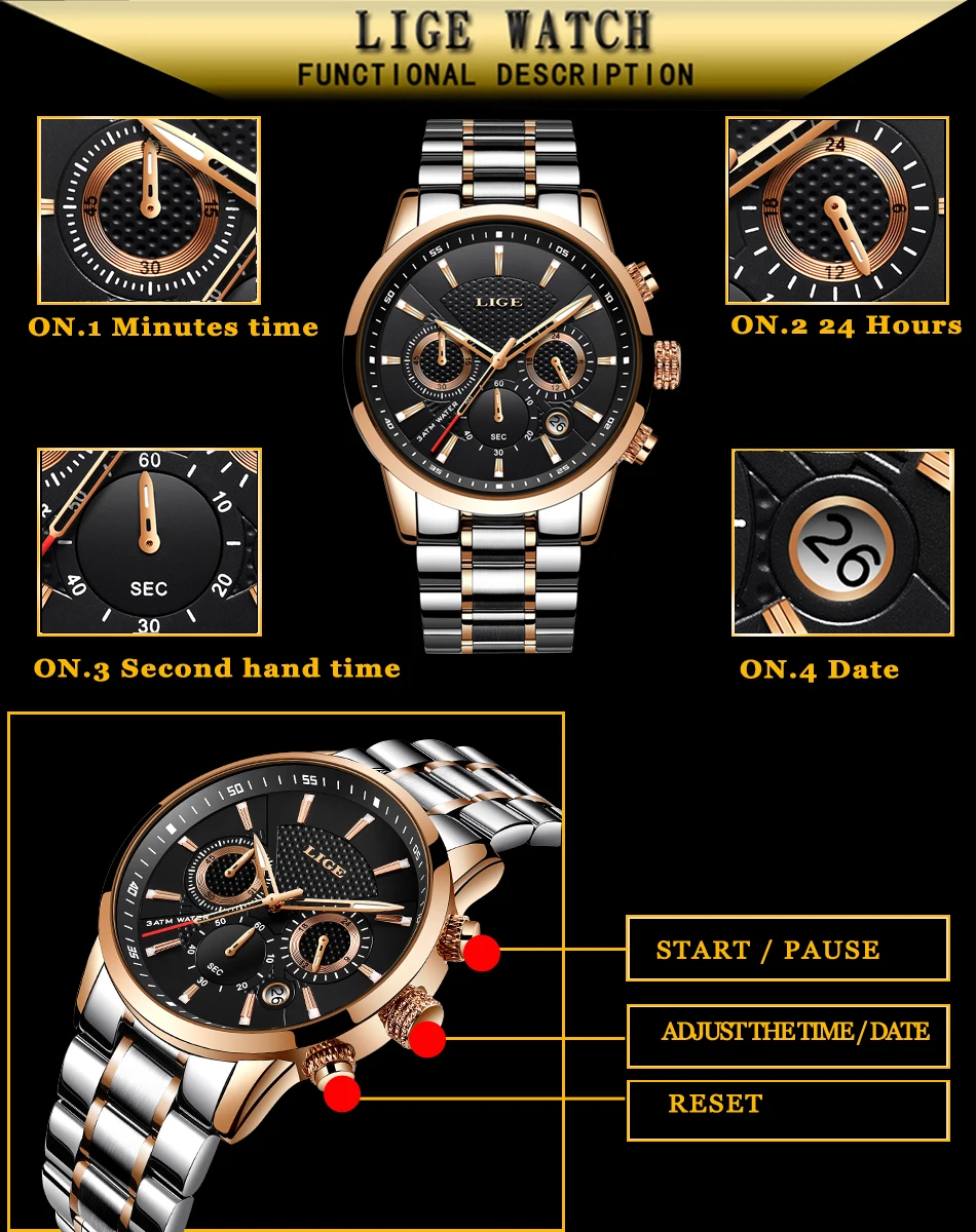 Reloj hombre модные золотые мужские часы lige top класса люкс Бизнес Нержавеющая сталь Водонепроницаемый кварцевые часы Для мужчин, спортивные часы