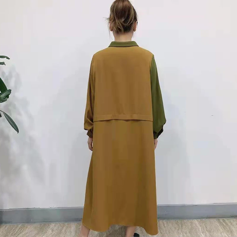 

CHICEVER Vintage Dress For Women Lapel Long Sleeve Patchwork Hit Color Loose Oversized Straight Mid Dresses Female 2021 Clothing