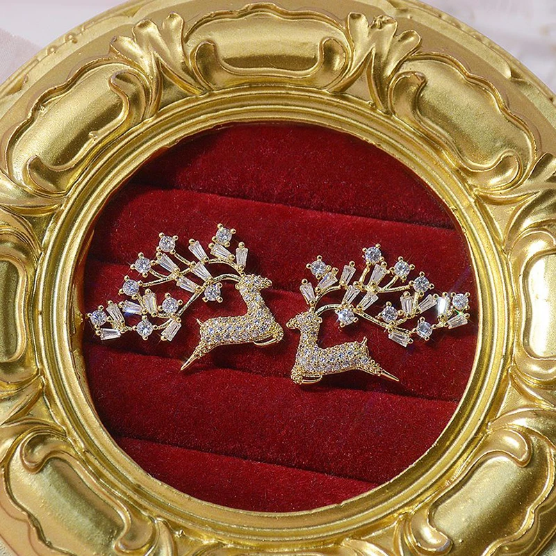 

Korean Hot 14k Real Gold Jewelry Charm Elk Earrings for Women Top High Quality AAA Shiny Zirconia S925 Silver Needle Party Gift