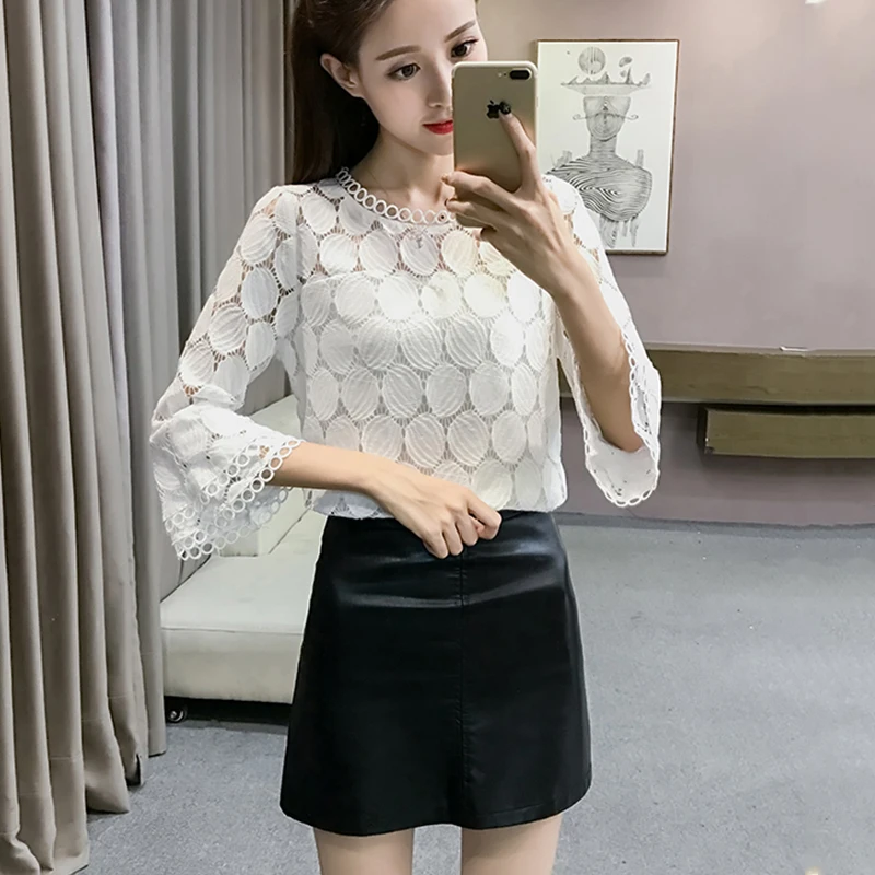 Новинка 2019 весенне летняя кружевная ажурная рубашка с расклешенными рукавами