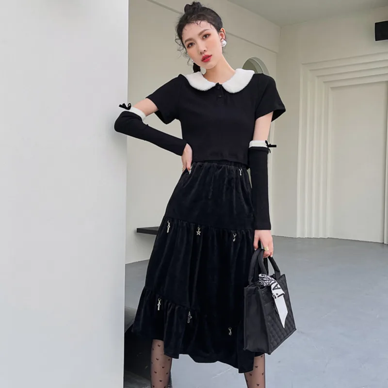 

LANMREM Black Punk Style Skirt Women's High Waist 2021 New Spring Autumn Korean Versatile Velvet Skirts Female Casual 2A7056