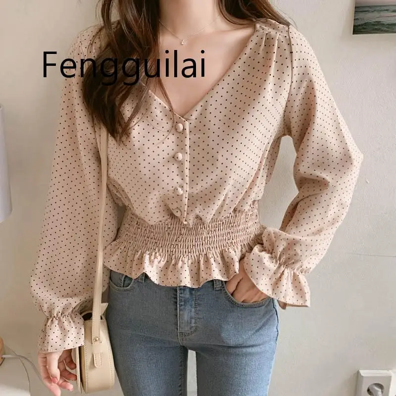 

Vintage V-neck Flare Sleeve Polka Dot Women Blouse Shirts Elegant Front Buttons Slim Waist Ruffles Female Blouse Blusas 2019