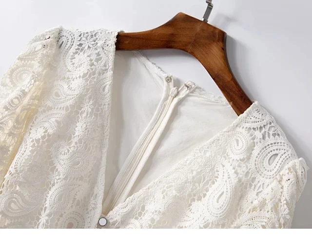 

Women's White Lace Dresses V-neck Temperament Front Button Embroidered Hollow Out 2020 Early Autumn New Female Midi Dress