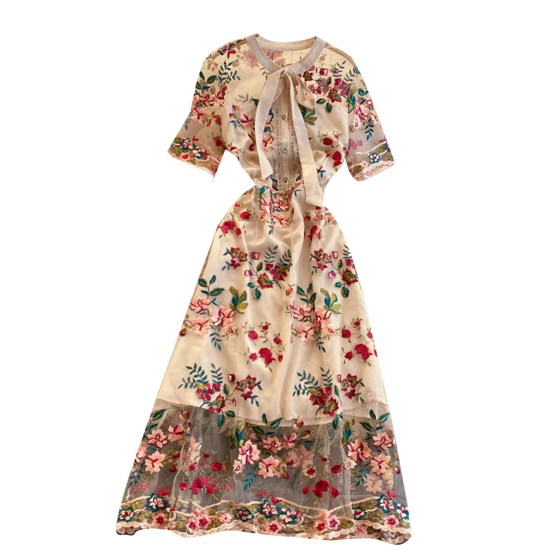 

Женское контрастное платье с бантом и круглым вырезом, элегантное облегающее платье-трапеция с коротким рукавом и цветочной вышивкой