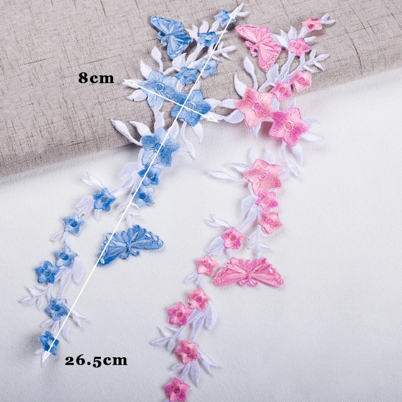 2pcs Long Floral Flower White Pink Blue Applique Clothing Embroidery Patch Fabric Sticker Iron on Patches Craft Sewing Repair images - 6