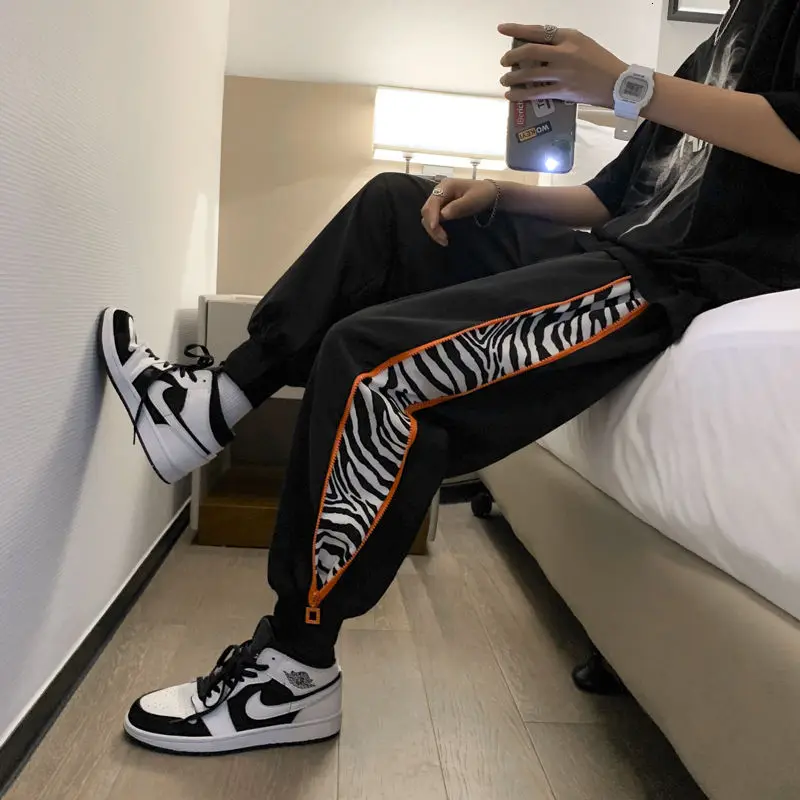 

Thin Beamed Harem Pants Men Casual Sports Pants Stitching Retro Zebra Striped Nine-point Pants Side Zipper Guard Trousers Summer