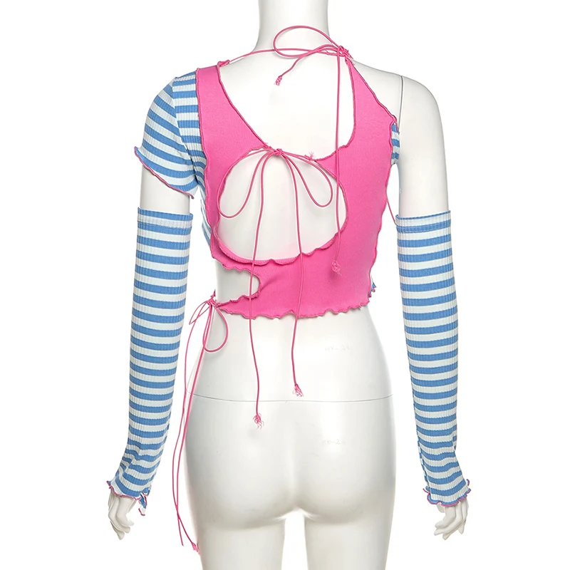 

Sexy Corset Top Crop Tops Summer Top Y2k V-neck Irregular Hollow Stitching Backless Female Women T-shirts HipHop Streetwear Girl