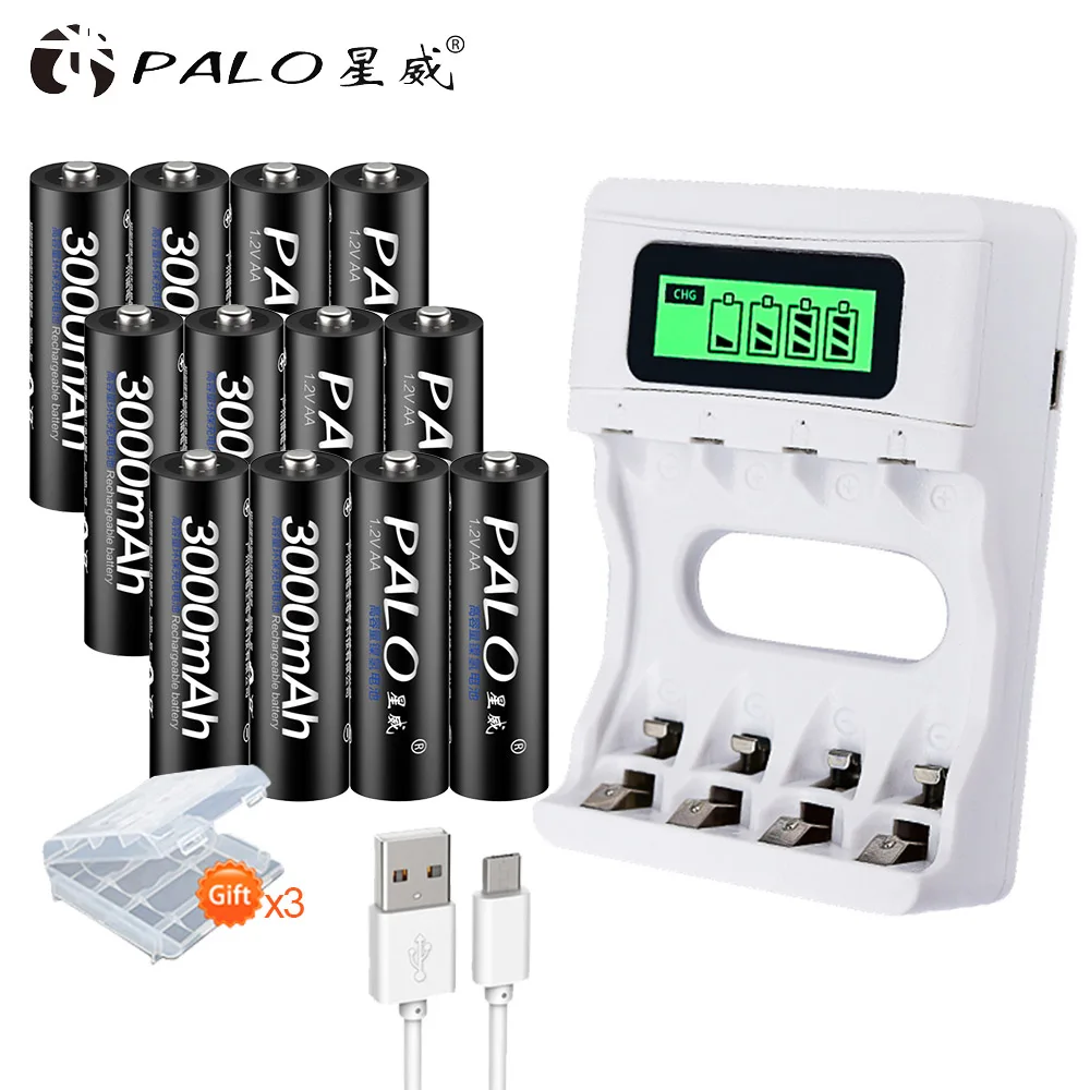 12pcs and charger PALO 4 шт./лот AA Аккумуляторная батарея AA Ni-MH 3000mAh 1,2 V Ni-MH 2A батареи recargables батарея для камеры игрушки - Цвет: 12pcs and charger