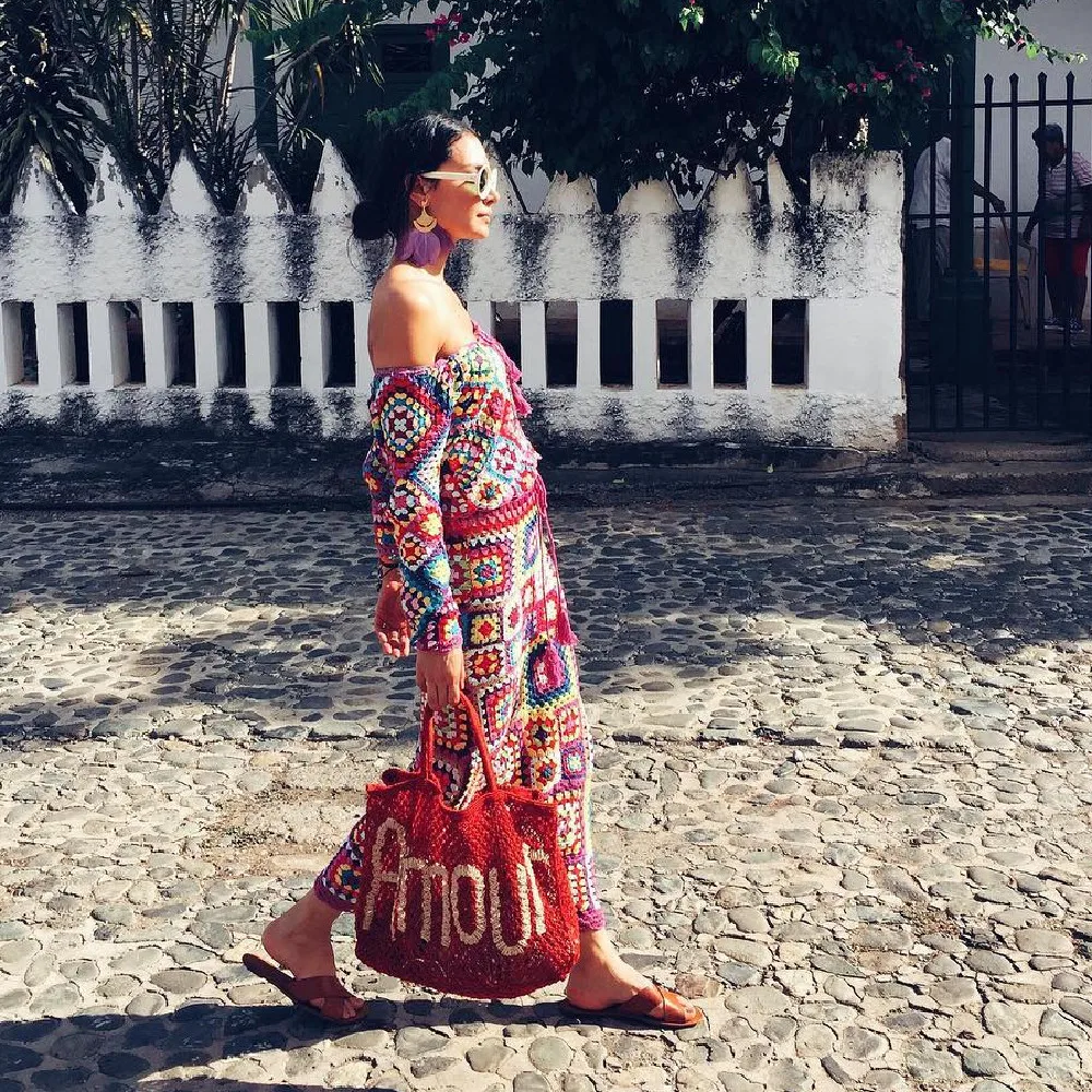 Женский богемный Костюм-двойка ручной работы вязаный крючком с открытыми