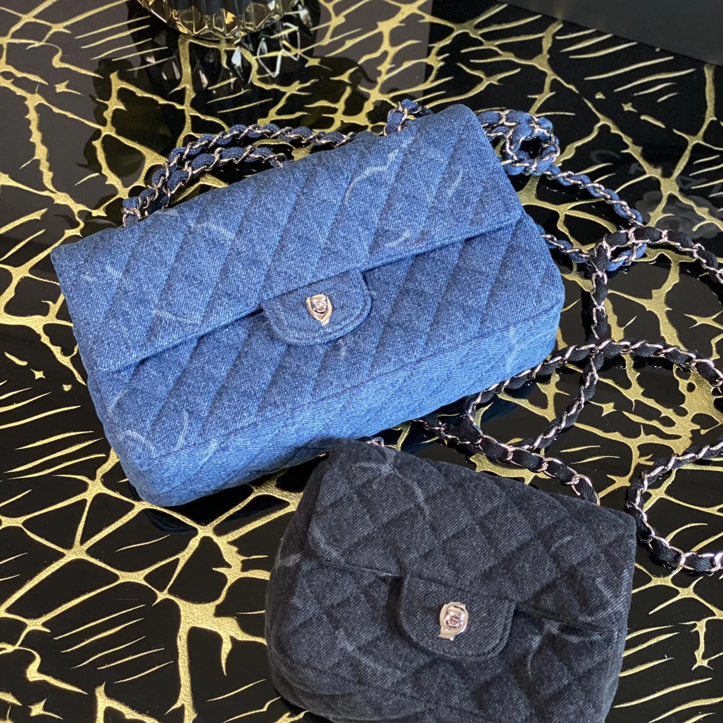 

2021 New Lady Bag Denim Fabric Plaid Classic Chain Woman Hand Bag