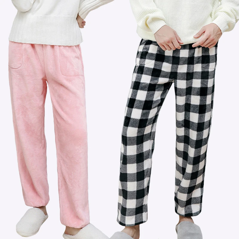 Womens Winter Thick Pajama Bottoms Pants Warm Coral Fleece Loungewear Home Pants Mens Long Plaid Pajama Pants Flannel Sleepwear