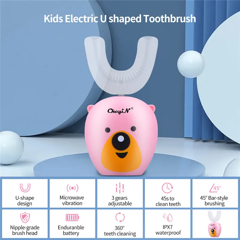 

CkeyiN Kids U-shaped Sonic Vibration Toothbrush Electric Automatic Ultrasonic Silicon Toothbrush Cartoon Pattern Oral Care Tool