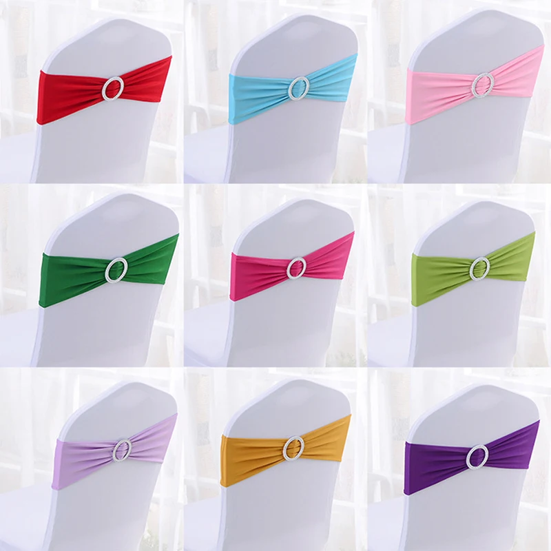 50Pcs/lot Stretch Wedding Chair Decoration Knot Bows Elastic Chair Sash Band Ribbon With Ring Buckle For Hotel Party Ceintures