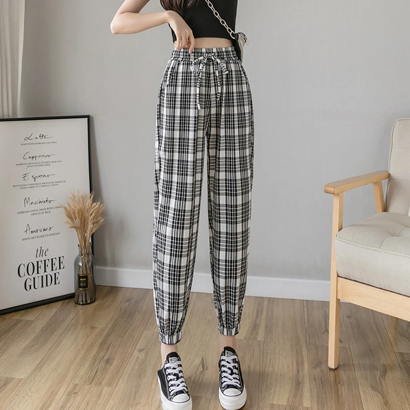 Брюки женские хлопковые в клетку с высокой талией и карманами | Женская одежда