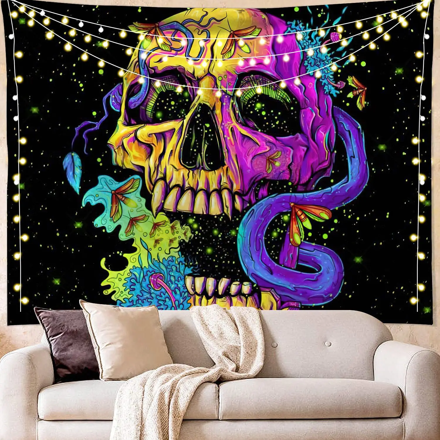 

Colorful Skull Skeleton Tapestry Headboard Wall Art Dorm Wall Hanging Flower Tapestry for Living Room Bedroom Home Decor
