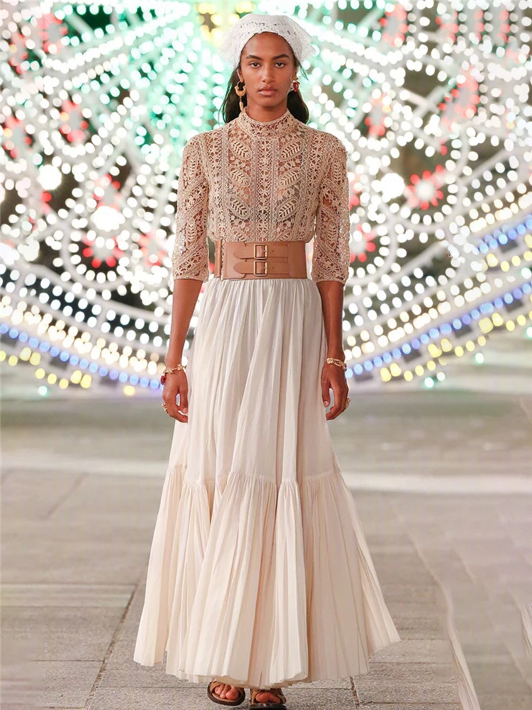 

Женское ажурное плиссированное платье, Элегантное Длинное ажурное платье с круглым вырезом и высокой талией, осень 2021