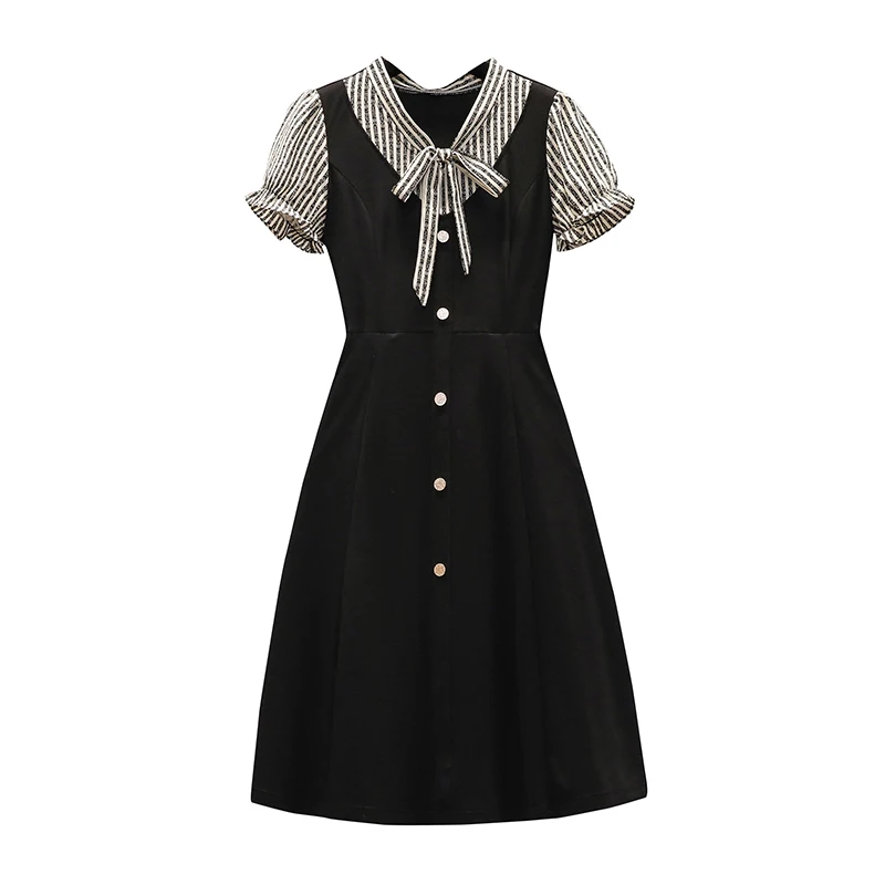 

L-5XL Plus Size Dress For Women 2021 Summer Short Sleeves V-Neck Striped Printed Patchwork Lace Up A-Line Large Vintage Dresses