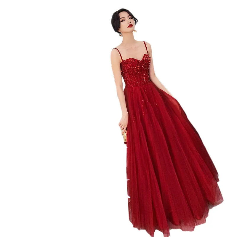 

Spaghetti Strap Evening Dresses R232 Sexy Sweetheart Burgundy Women Banquet Gowns 2020 Sleeveless Shiny Sequin Robe De Soiree