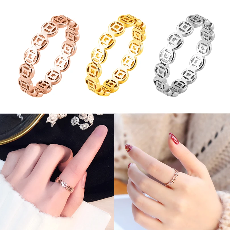 

New Fashion Unfading Silver/rose Gold Titanium Steel Hollow Lucky Coin Ring Ladies Retro Ring Couple Fashion Jewelry Best Gifts