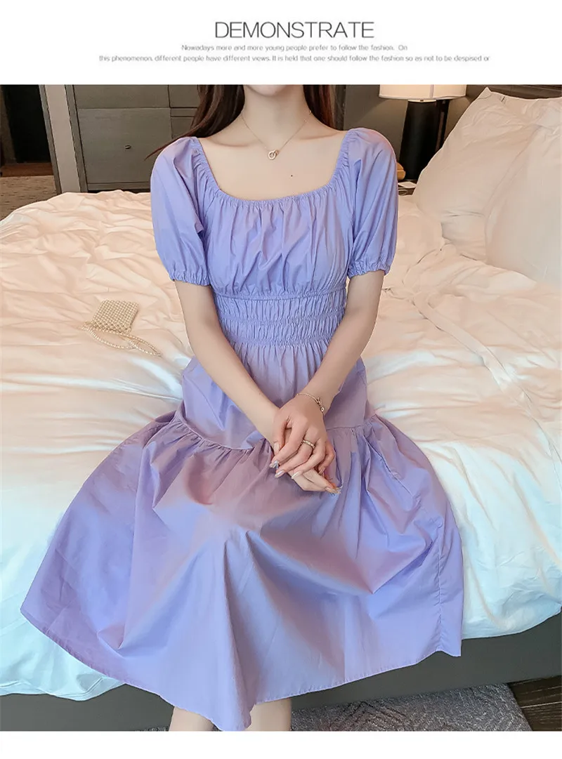 

Purple Dress Women 2020 Summer And Autumn New Waist Slimming Mid-Length Chiffon Casual Street High Waist Solid