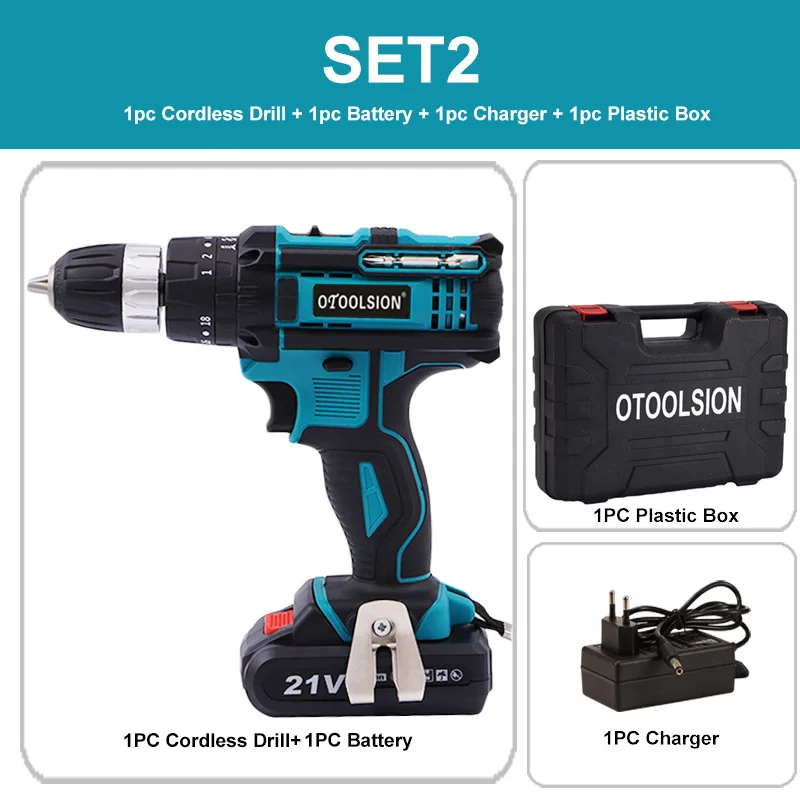 SET2 (1pc battery) 21 в 18+ 3 вращающая Ударная дрель аккумуляторная отвертка Электроинструмент шуруповерт Ударный Молоток дрель шуруповерт с пластиковым ящиком для инструментов - Цвет: SET2 (1pc battery)