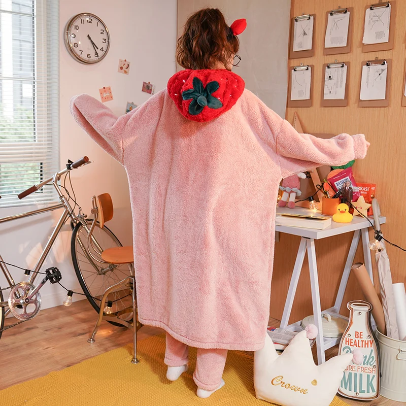 Winter Pajama Woman Sleepwear New Cartoon Velvet Coral Home Suit Length To Keep Warm Flannel Extended Hooded Thickened LONG