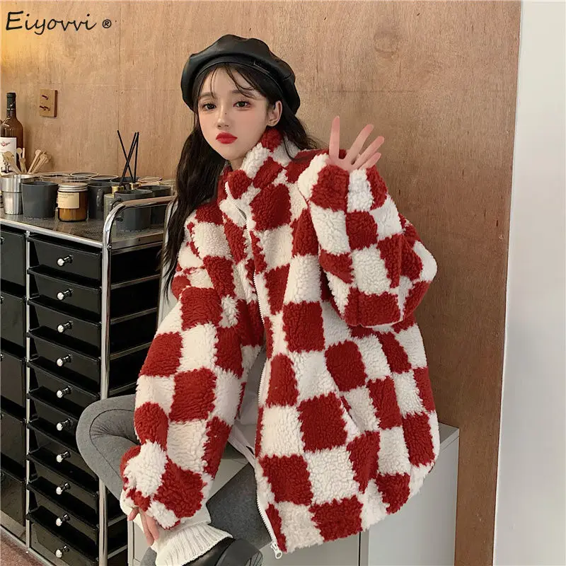 

Autumn Women Sweatshirt Checkerboard Loose Medium Length Plaid Coat With Cotton Thickened Lamb Wool Soft Warm Sweatshirts