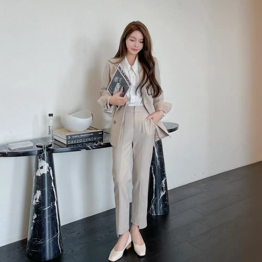 

Women New Elegant Office Work Wear Pant Suits OL 2 Piece Sets Solid Blazer Jacket & Trousers Suit Set