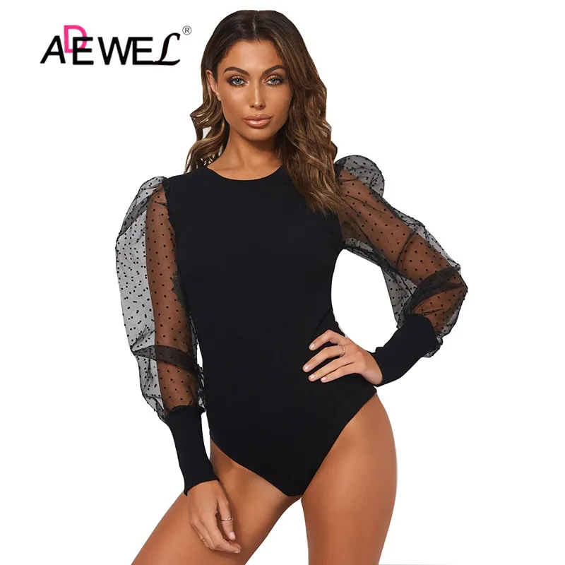 ADEWEL White Lace Puff Long Sleeve Women Bodysuit O-neck Slim Black Sexy Overalls for Leotard Tops Jumpsuit |