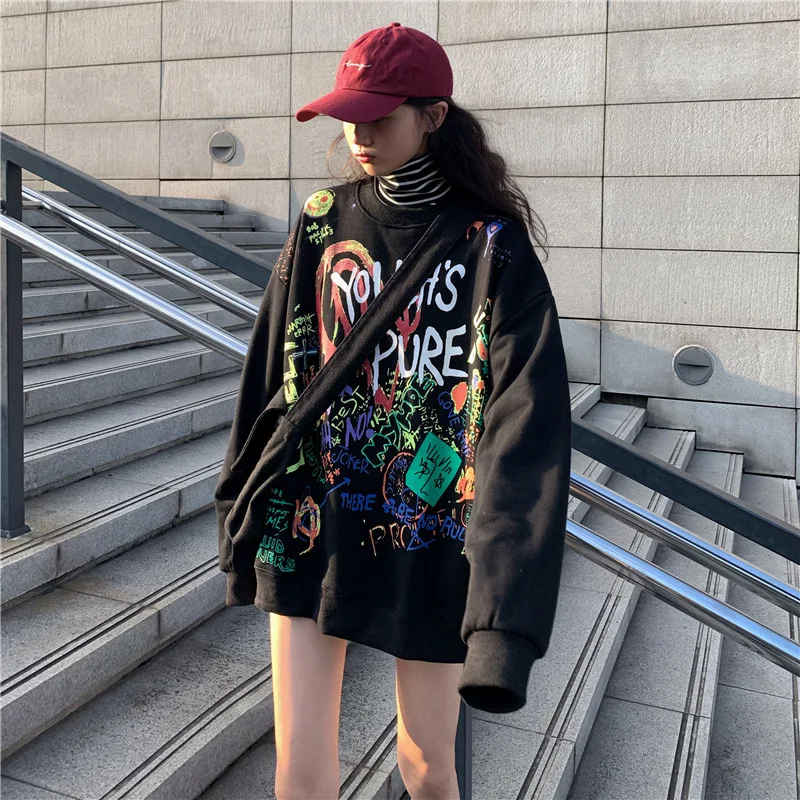 Свободные толстовки в Корейском стиле с круглым вырезом уличная мода хип-хоп