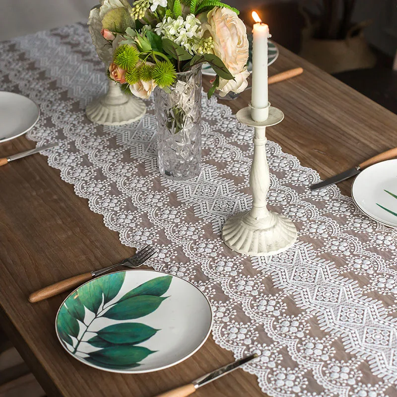 

Vintage White Floral Table Runner Elegant Lace Tableware Restaurant Bistro Wedding Party Event Catering Dining Decoration P9