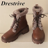 drestrive new top quality leather women lace up platform thick heels snow ankle boots warm ladies round toe casual shoes brown