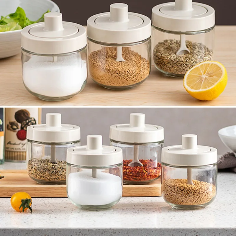 

Independent Design Spoon Cover Integrated Flavor Home Seasoning Salt Sugar Oil Pot Kitchen Glass Flavor Case (Brush) - ABS