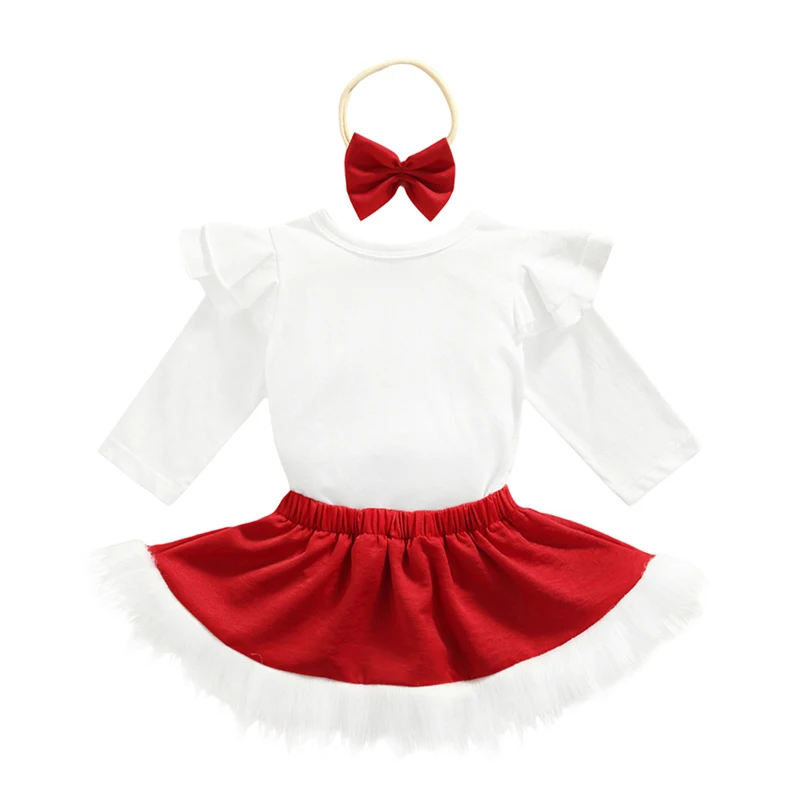 

3 шт., новогодние праздничные костюмы Pudcoco 0-24 м, боди с длинным рукавом, оборками и круглым вырезом, топы + трапециевидная юбка + комплекты голо...