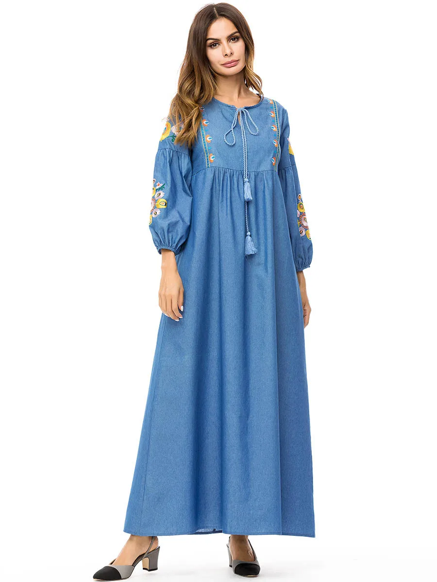 Muslim Robes Autumn Kaftan Gown Fashion Simple New Embroidered A Word Denim Skirt Loose Casual Dress | Тематическая одежда и