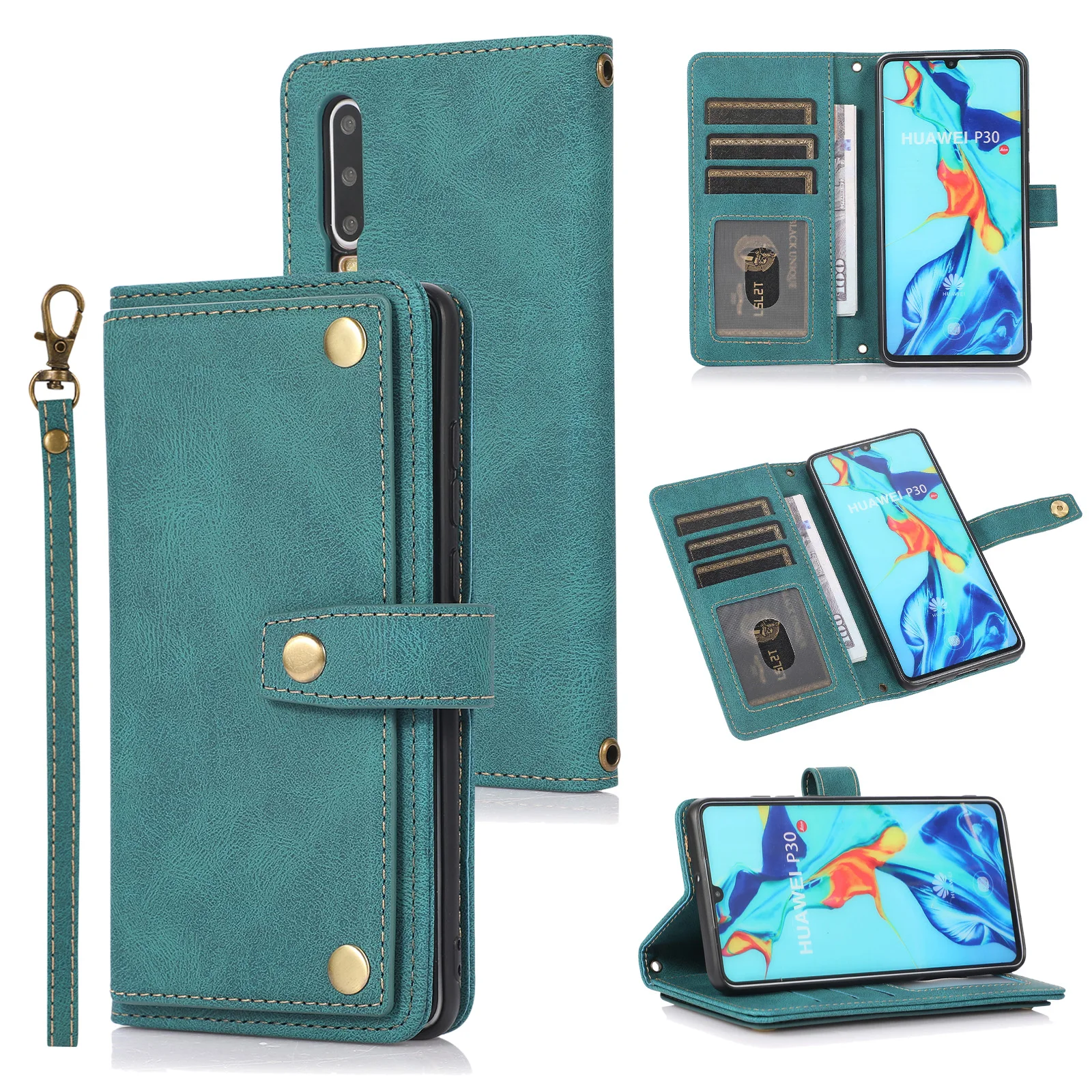 

Pu Leather Flip Phone Case For Huawei P30 Pro TPU Liner Cover For Huawei P30 Lite Wallet Card Slots Stand With Lanyard Case