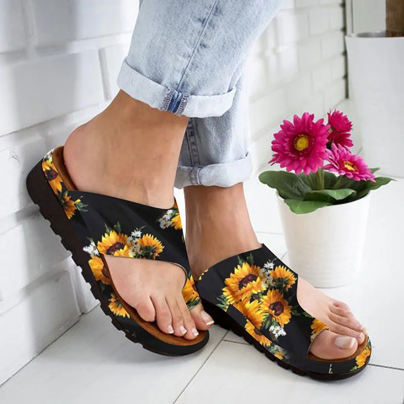 

Women PU Shoes Comfy Platform Flat Sole Ladies Casual Sunflower Soft Big Toe Foot Correction Sandal Orthopedic Bunion Corrector