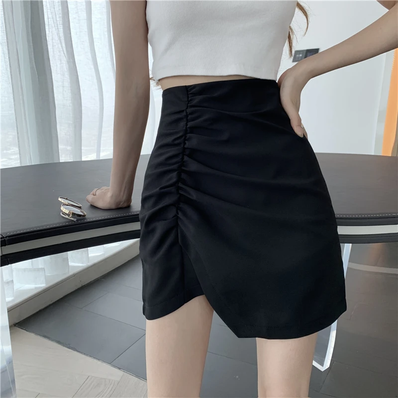 

Summer New Women Mini Skirts A Line High Waist Slim Thin Buttocks Casual Skirt Female Folds Asymmetrical Solid Basic Skirt Femme