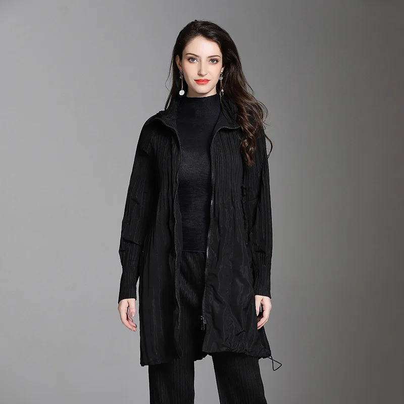 

Плиссированная ветровка миаке на молнии, Осень-зима 2021, хлопковое пальто, длинная куртка, корейская мода, верхняя одежда