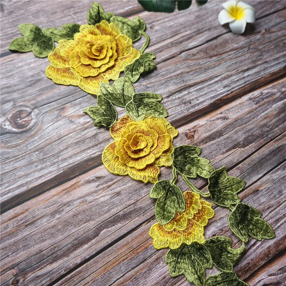 Желтый вышитый 3D цветок листья платье аппликации кружева ткань воротник нашивка