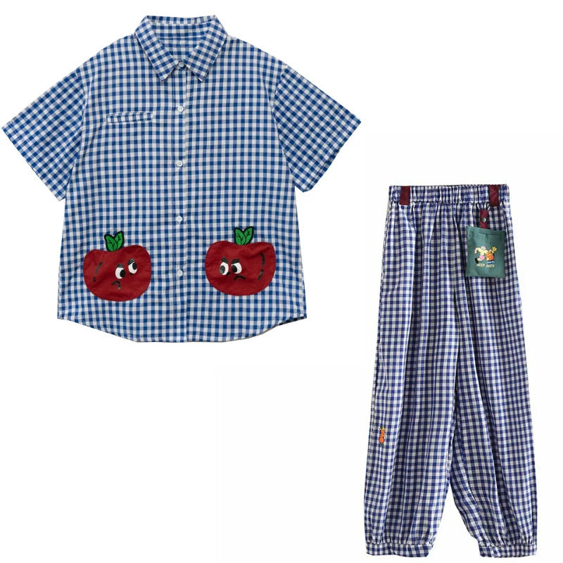 

Two Piece Set Women Summer Cartoon Appliques Short Sleeve Plaid Blouse And Elastic Waist Ankle Length Pants Casual Sets Clothes