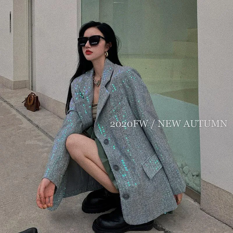 

Spring Autumn Korean Blazer Women New Loose Suit Sequined Single Breasted Small Blazer Coats Women Fashion Streetwear