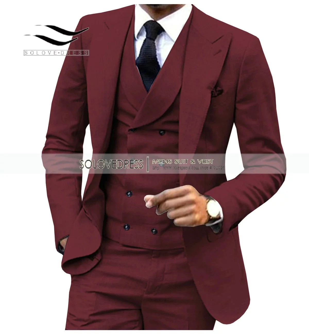 

Mens Suit 3 Pieces Burgundy Double-breasted Vest Formal Business Slim Fit Notch Lape Tuxedos For Wedding Blazer+Vest+Pant 2020