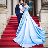 womens sky blue satin a line off shoulder ruffles prom dresses long ball gowns for women formal plus size with pockets